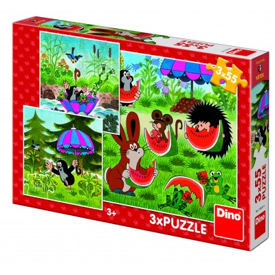 Dino-33526 3 Puzzles - Petite Taupe et le Parapluie