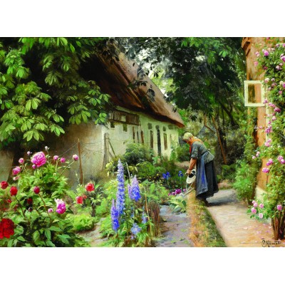 Puzzle Dtoys-77646 Peder Mørk Mønsted - An Old Woman Watering the Flowers Behind a Thatched Farmhouse