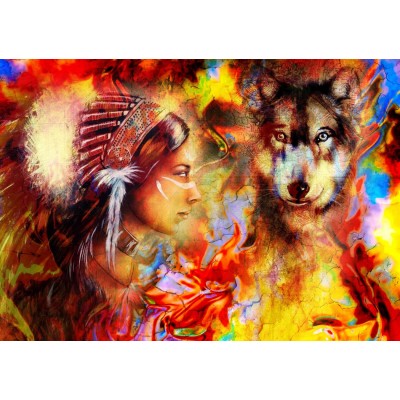 Puzzle Grafika-T-00686 Die indische Frau und der Wolf
