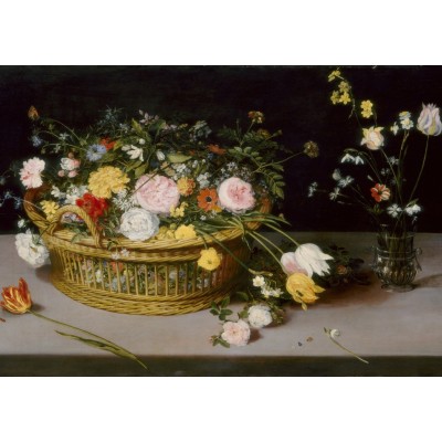 Puzzle Grafika-T-00832 Jan Brueghel - Flowers in a Basket and a Vase, 1615