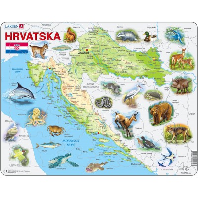 Larsen-A19-HR Puzzle Cadre - Carte de la Croatie et de ses Animaux (en Croate)