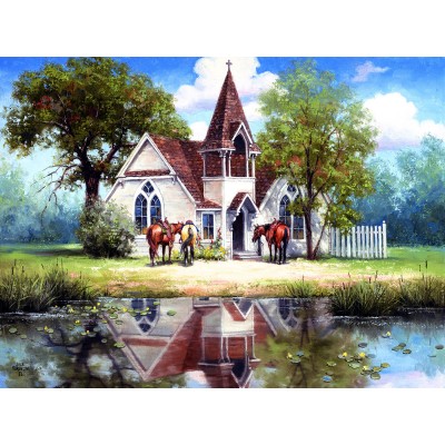 Puzzle Sunsout-16846 Reflet d'une Eglise en Campagne